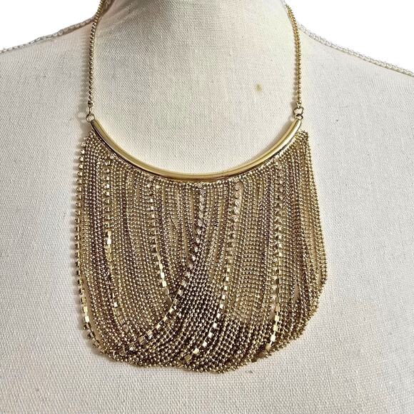Multichain Necklace Bib Style Jennifer Lopez Rhinestones Gold Color Tone 16"+ - Picture 6 of 6